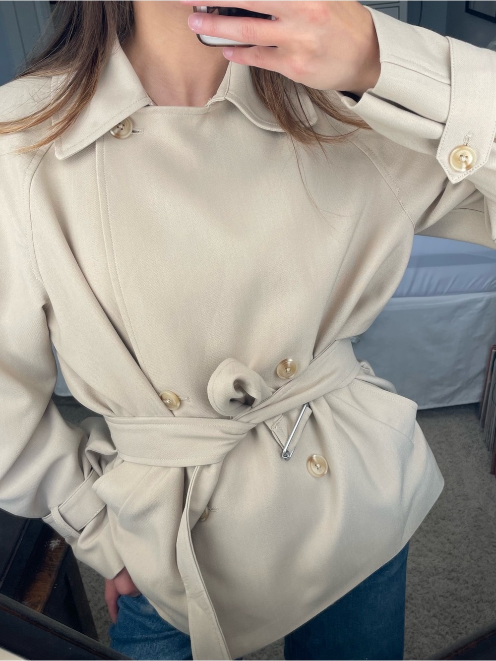 Oak + Fort Cream Double Breasted Short Trench Coat